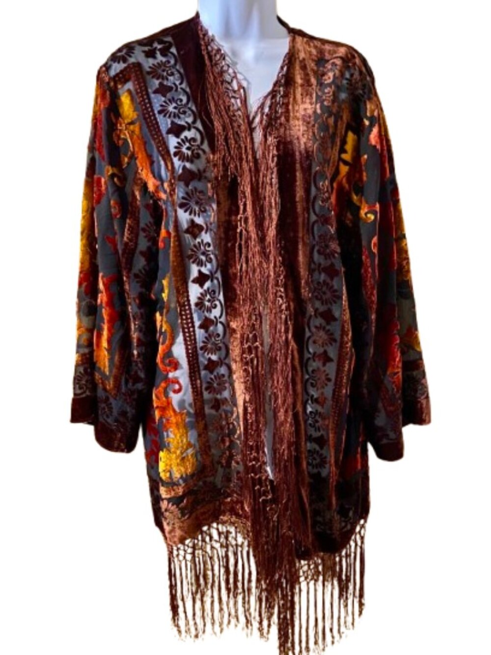 Chico's Velvet Burnout Kimono Cardigan Jacket with Fringe S/M